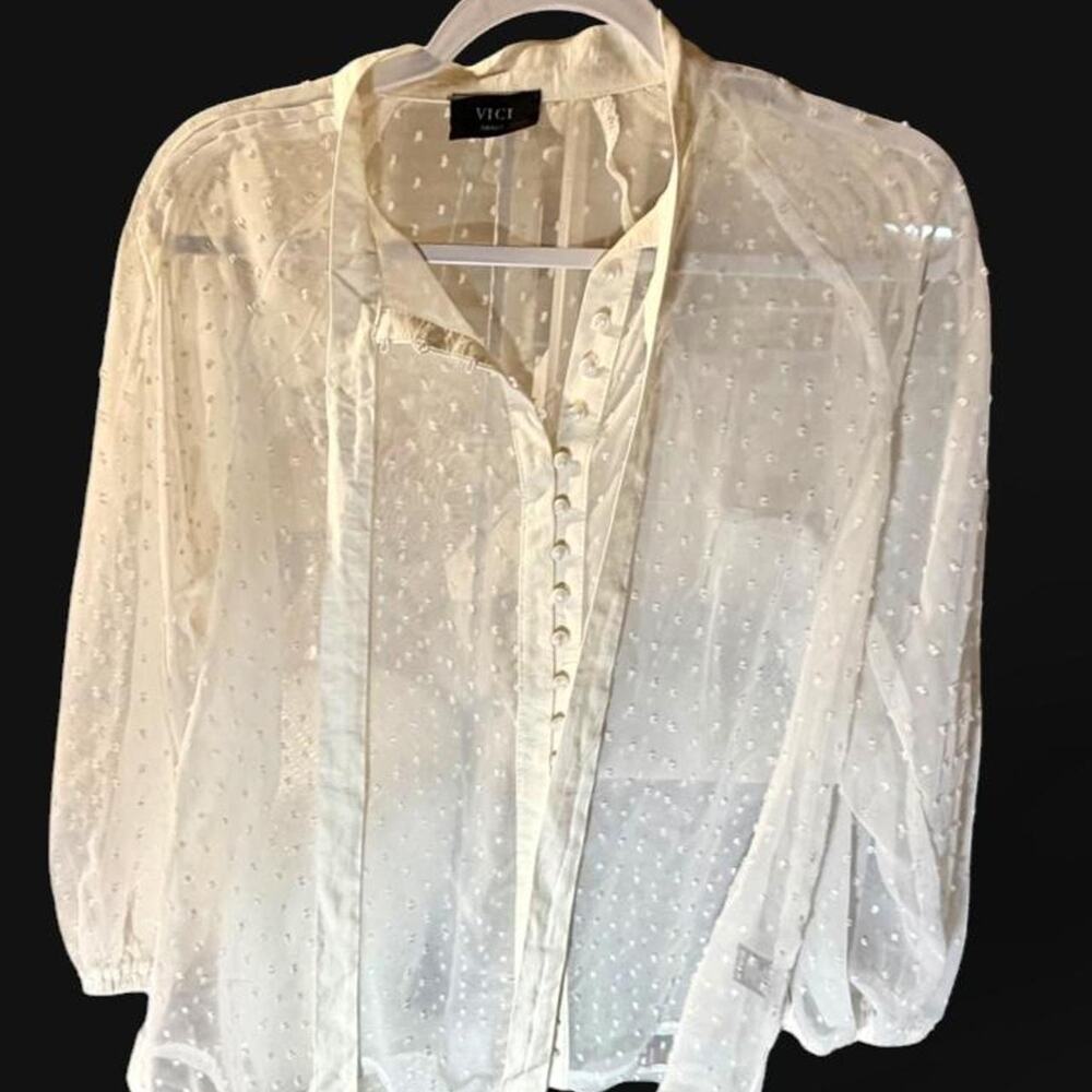 🚨 Vici White Sheer Blouse with Swiss Dot and Button Up Front. Size: S. 👚